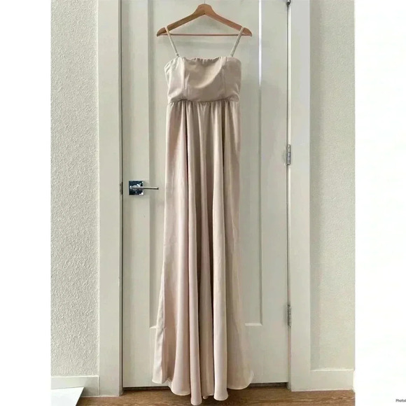 BHLDN Elsie Straight-Neck Satin A-Line Gown Khaki Nude Color Size 8 NWT - Picture 5 of 14
